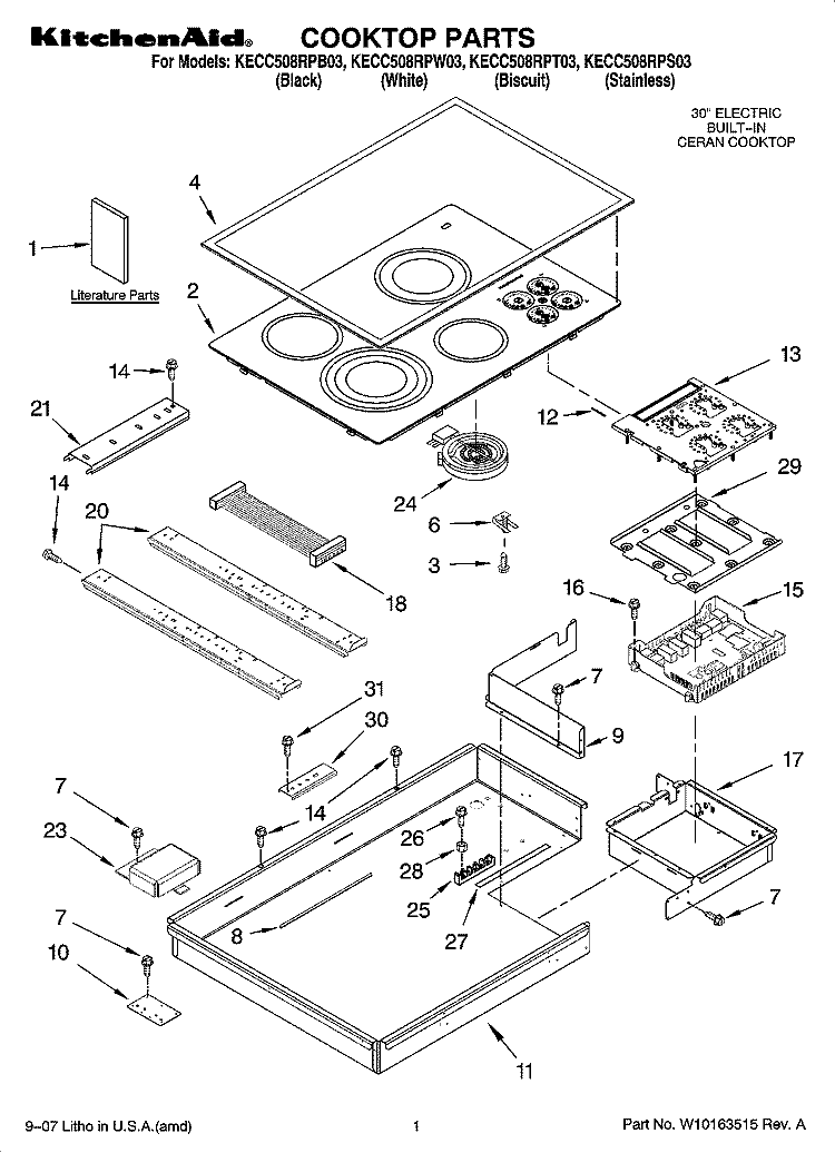 COOKTOP PARTS, OPTIONAL PARTS (NOT INCLUDED) Diagram and Parts List for KECC508RPW03  KitchenAid Cooktop