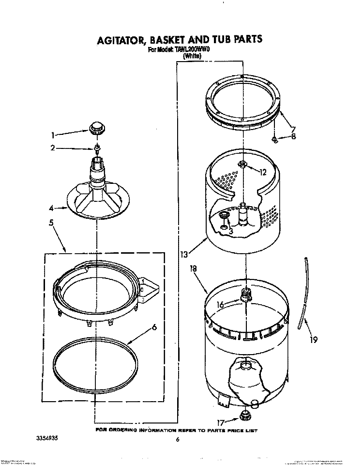 AGITATOR, BASKET AND TUB Diagram and Parts List for TAWL200WW0  Estate Washer
