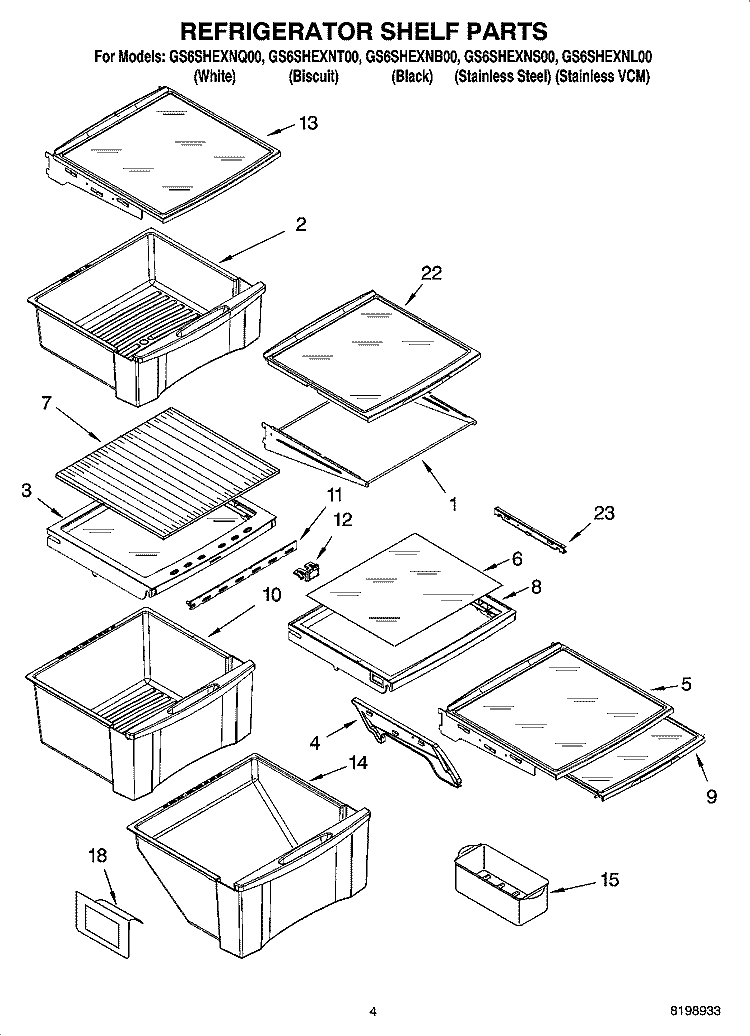 REFRIGERATOR SHELF PARTS Diagram and Parts List for GS6SHEXNB00  Whirlpool Refrigerator