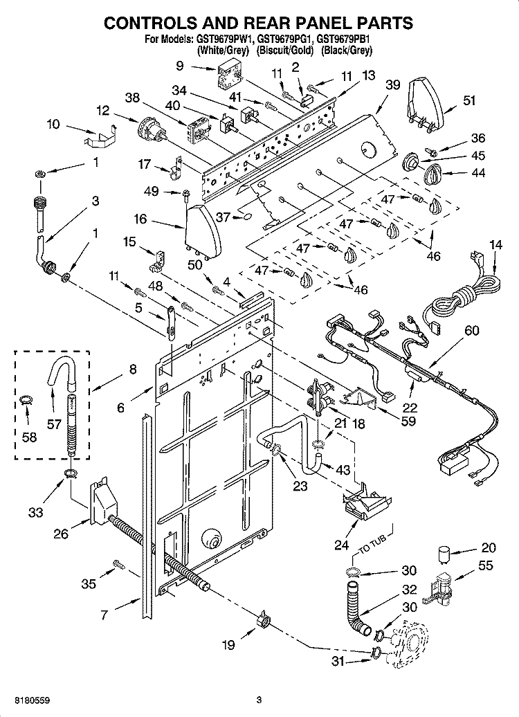 CONTROLS AND REAR PANEL PARTS Diagram and Parts List for GST9679PW1  Whirlpool Washer