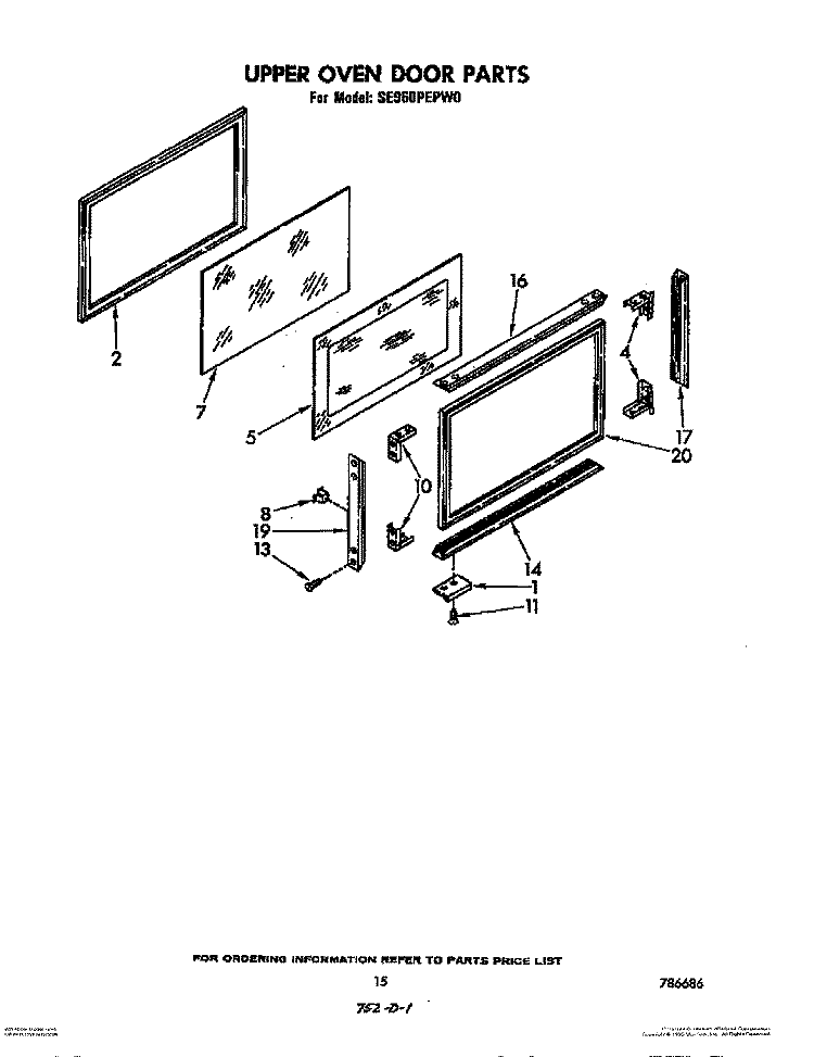 UPPER OVEN DOOR Diagram and Parts List for SE960PEPW0  Whirlpool Range