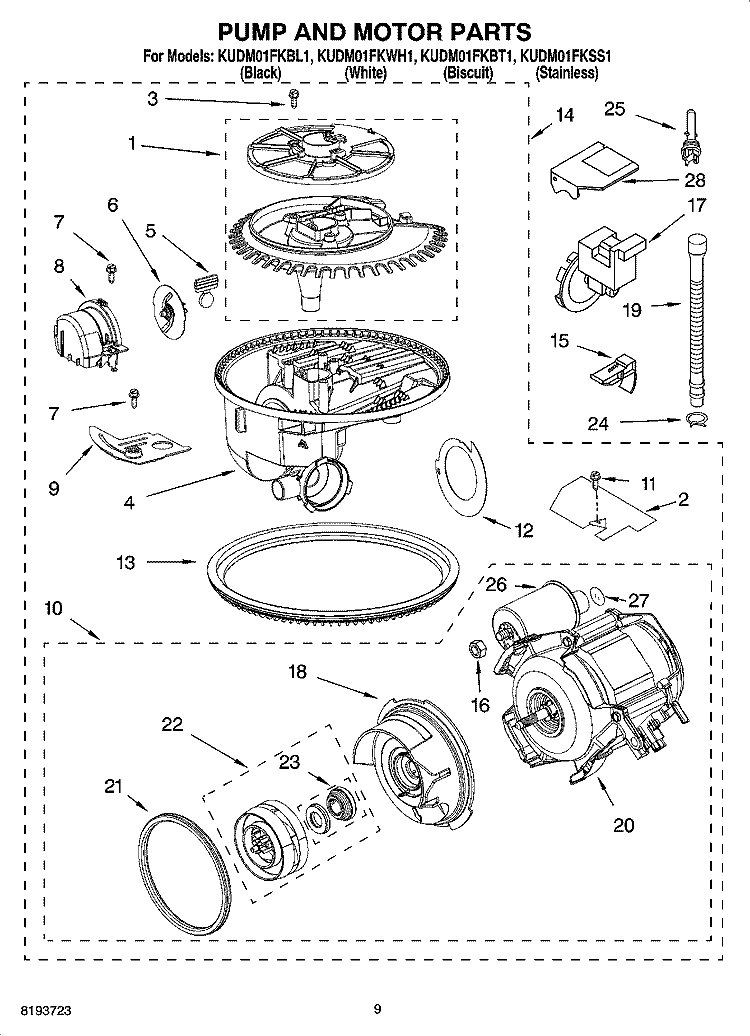 PUMP AND MOTOR PARTS Diagram and Parts List for KUDM01FKWH1  KitchenAid Dishwasher