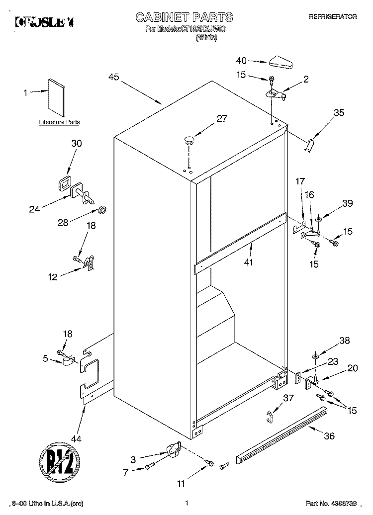 CABINET, LITERATURE Diagram and Parts List for CT18AKXJW00  Crosley Refrigerator