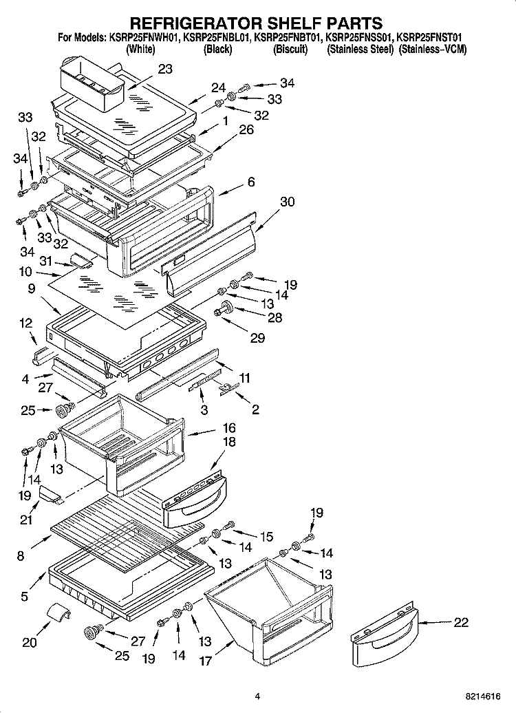 REFRIGERATOR SHELF PARTS Diagram and Parts List for KSRP25FNBL01  KitchenAid Refrigerator