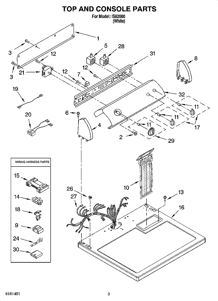 TOP AND CONSOLE PARTS Diagram and Parts List for IS82000  Inglis Dryer