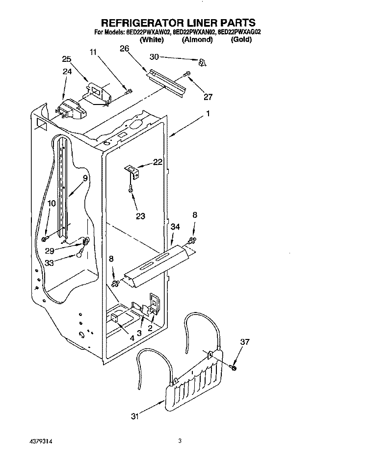 REFRIGERATOR LINER Diagram and Parts List for 8ED22PWXAW02  Whirlpool Refrigerator