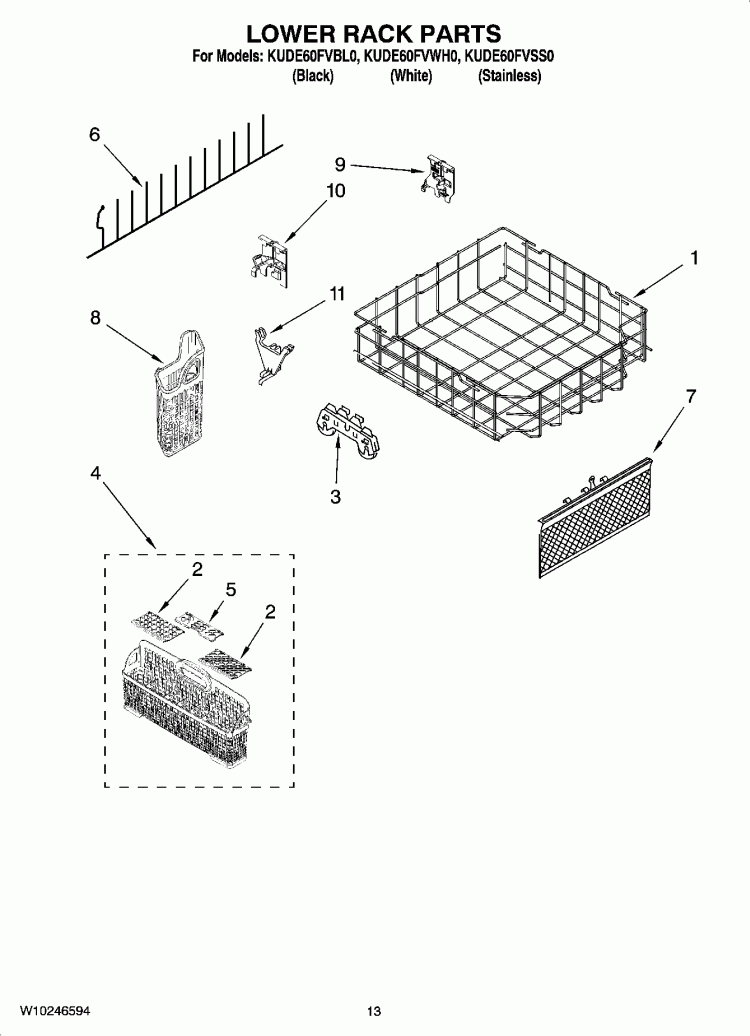 LOWER RACK PARTS Diagram and Parts List for KUDE60FVSS0  KitchenAid Dishwasher