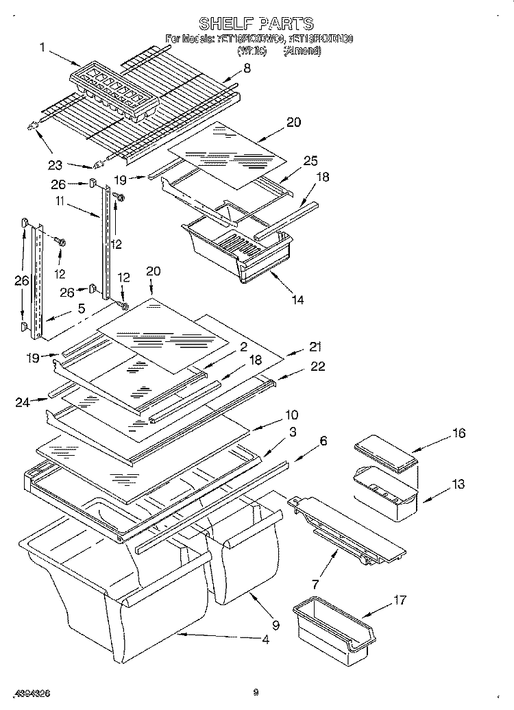 SHELF, LIT/OPTIONAL Diagram and Parts List for 7ET18PKXDN00  Whirlpool Refrigerator