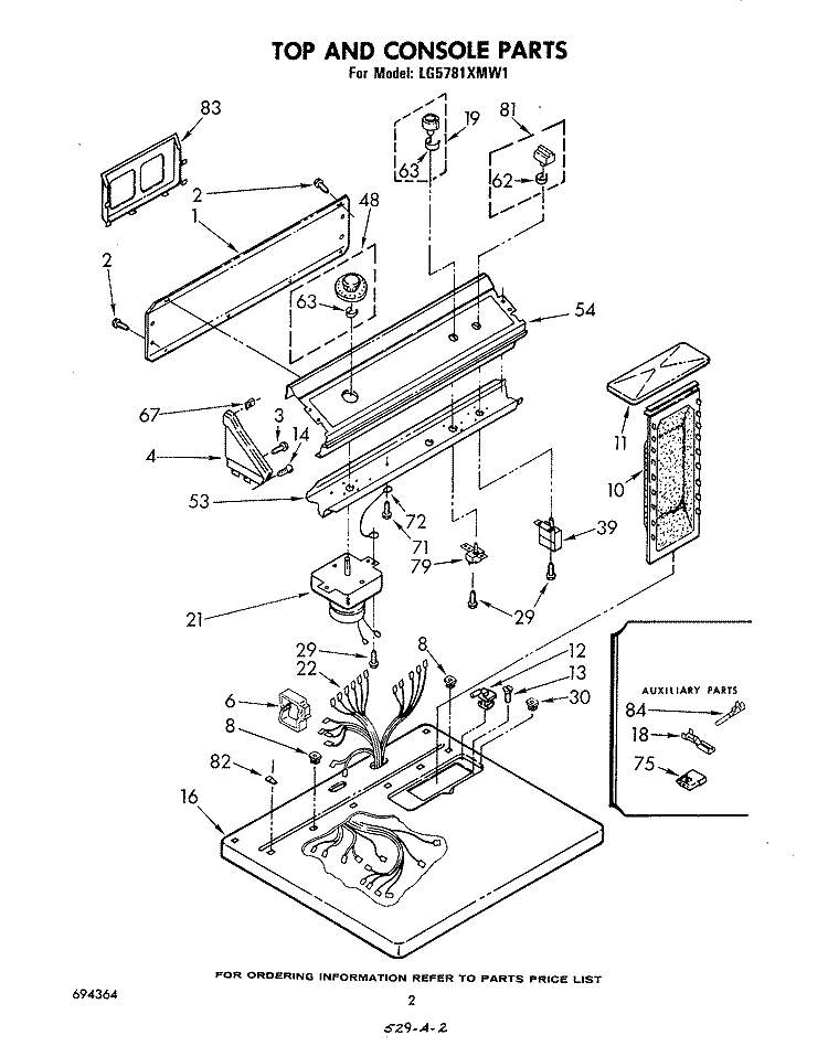 TOP AND CONSOLE , LITERATURE AND OPTIONAL Diagram and Parts List for LG5781XMW1  Whirlpool Dryer