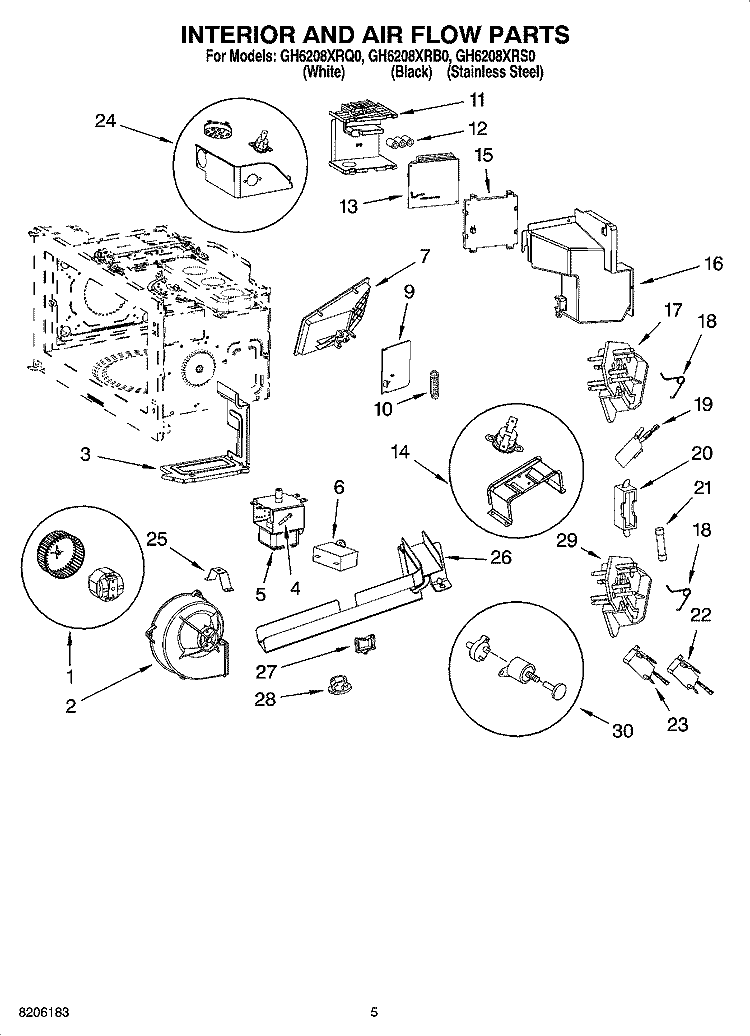 INTERIOR AND AIR FLOW PARTS Diagram and Parts List for GH6208XRS0  Whirlpool Microwave