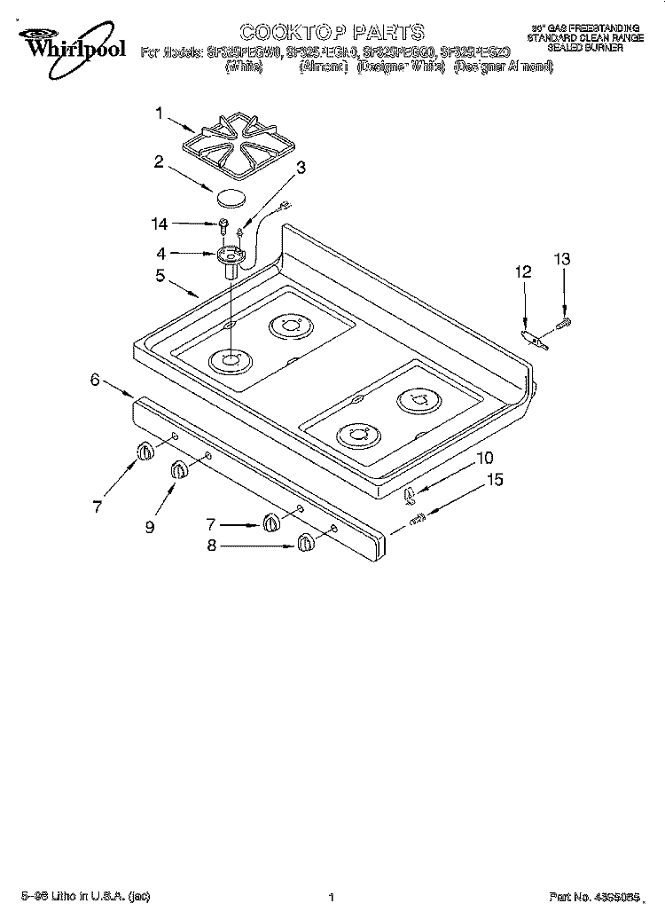 COOKTOP Diagram and Parts List for SF325PEGZ0  Whirlpool Range