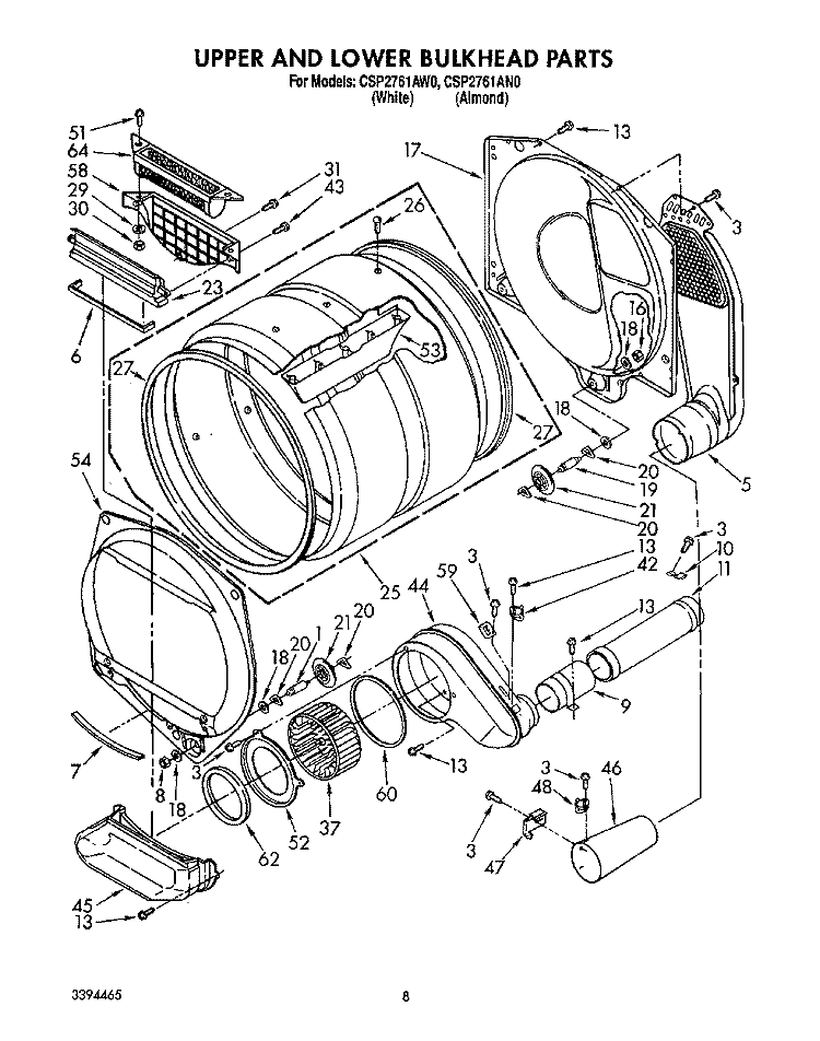 UPPER AND LOWER BULKHEAD, LIT/OPTIONAL Diagram and Parts List for CSP2761AN0  Whirlpool Dryer