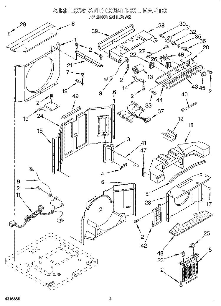 AIRFLOW AND CONTROL Diagram and Parts List for CAH12WB42  Crosley Air Conditioner