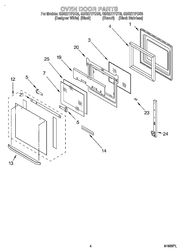 OVEN DOOR Diagram and Parts List for GBS277PDB6  Whirlpool Wall Oven