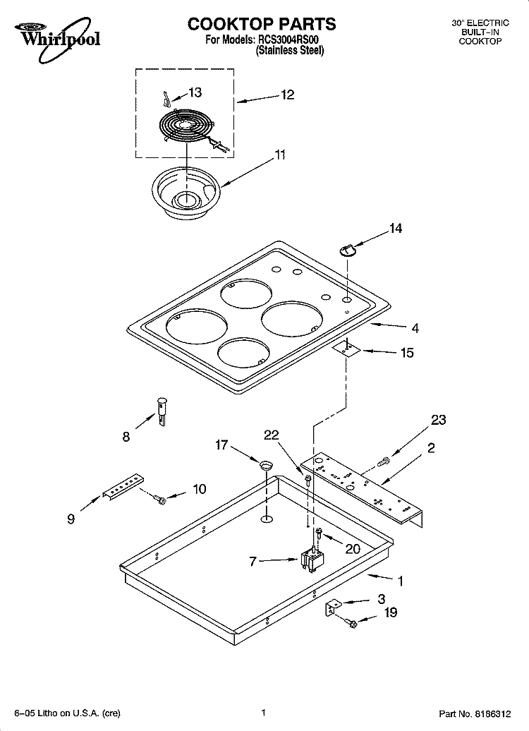 COOKTOP PARTS Diagram and Parts List for RCS3004RS00  Whirlpool Cooktop