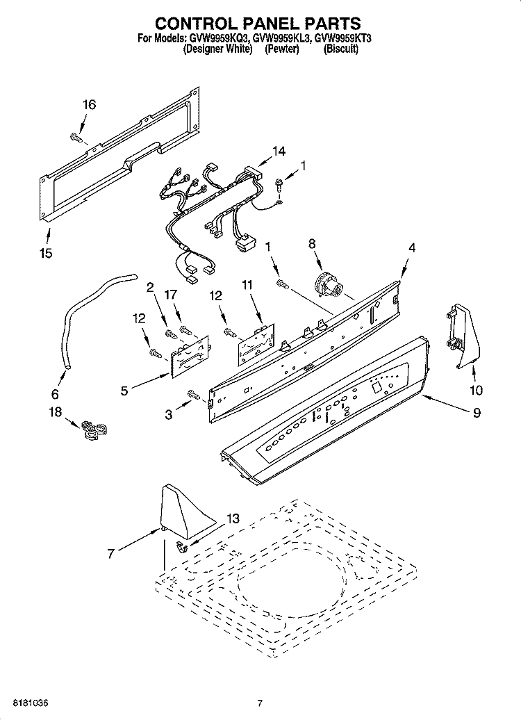 CONTROL PANEL PARTS Diagram and Parts List for GVW9959KL3  Whirlpool Washer