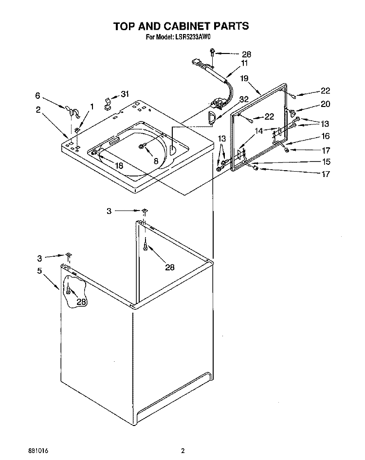TOP AND CABINET, LIT/OPTIONAL Diagram and Parts List for LSR5233AW0  Whirlpool Washer