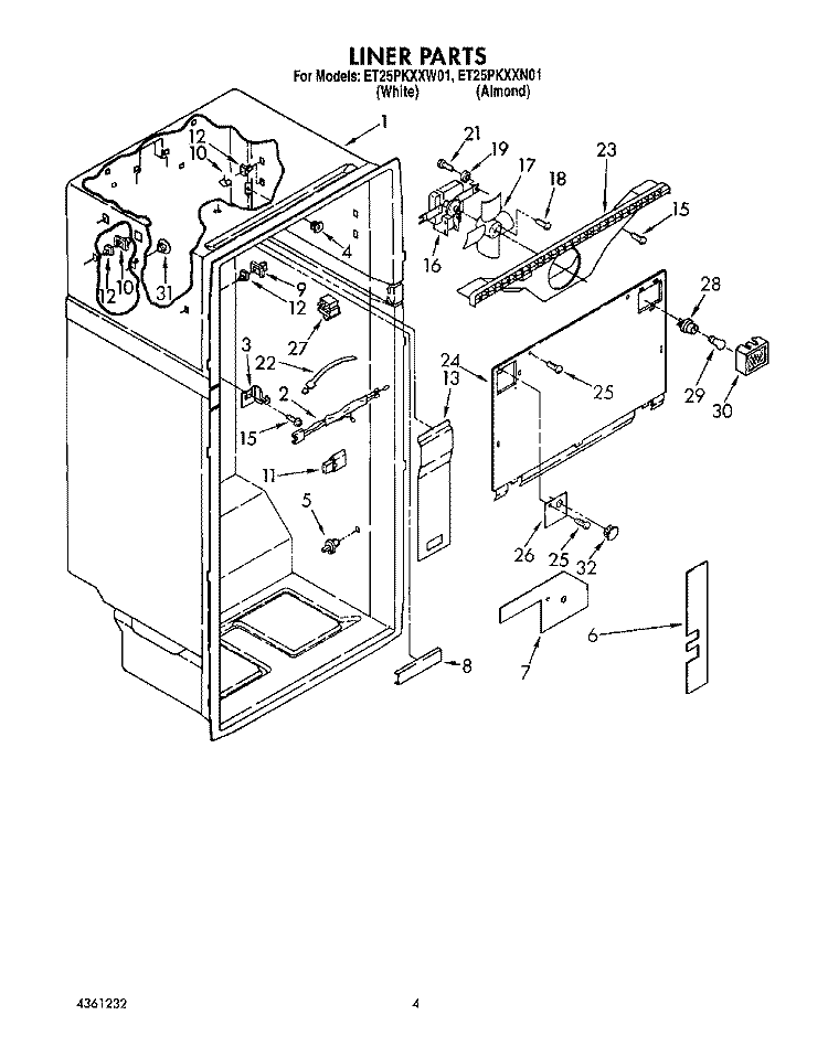 LINER Diagram and Parts List for ET25PKXXW01  Whirlpool Refrigerator