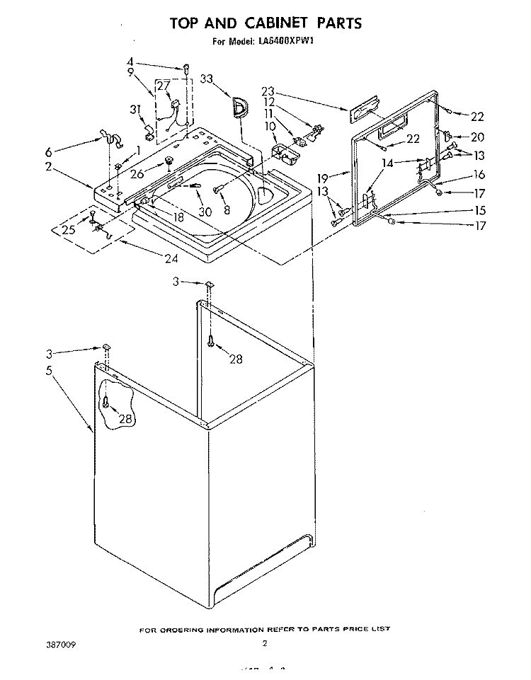 TOP AND CABINET , NOT ILLUSTRATED AND OPTIONAL Diagram and Parts List for LA6400XPW1  Whirlpool Washer