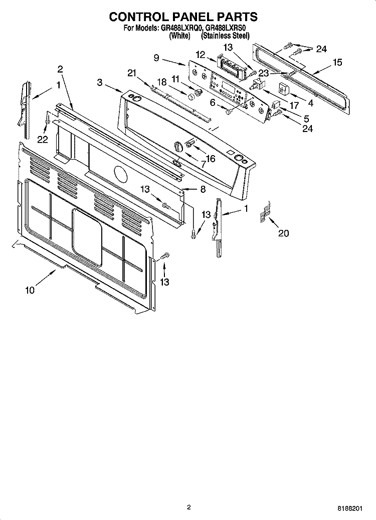 CONTROL PANEL PARTS Diagram and Parts List for GR488LXRS0  Whirlpool Range