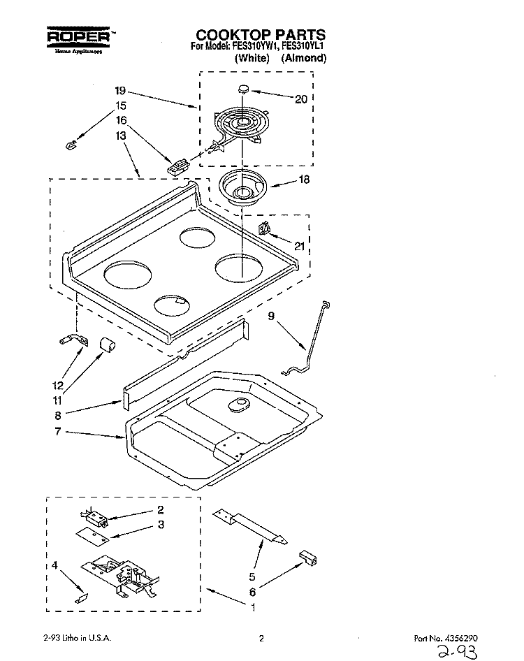 COOKTOP Diagram and Parts List for FES310YL1  Whirlpool Range