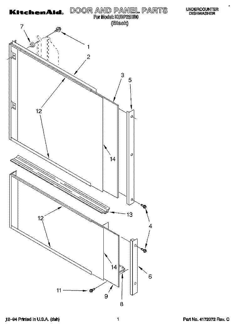 DOOR AND PANEL Diagram and Parts List for KUDP23HB0  KitchenAid Dishwasher