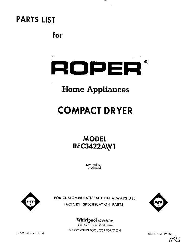 SECTION Diagram and Parts List for REC3422AW1  Roper Dryer