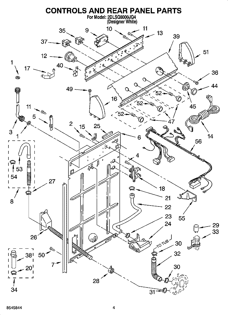 CONTROLS AND REAR PANEL PARTS Diagram and Parts List for 2DLSQ8000JQ4  Whirlpool Washer