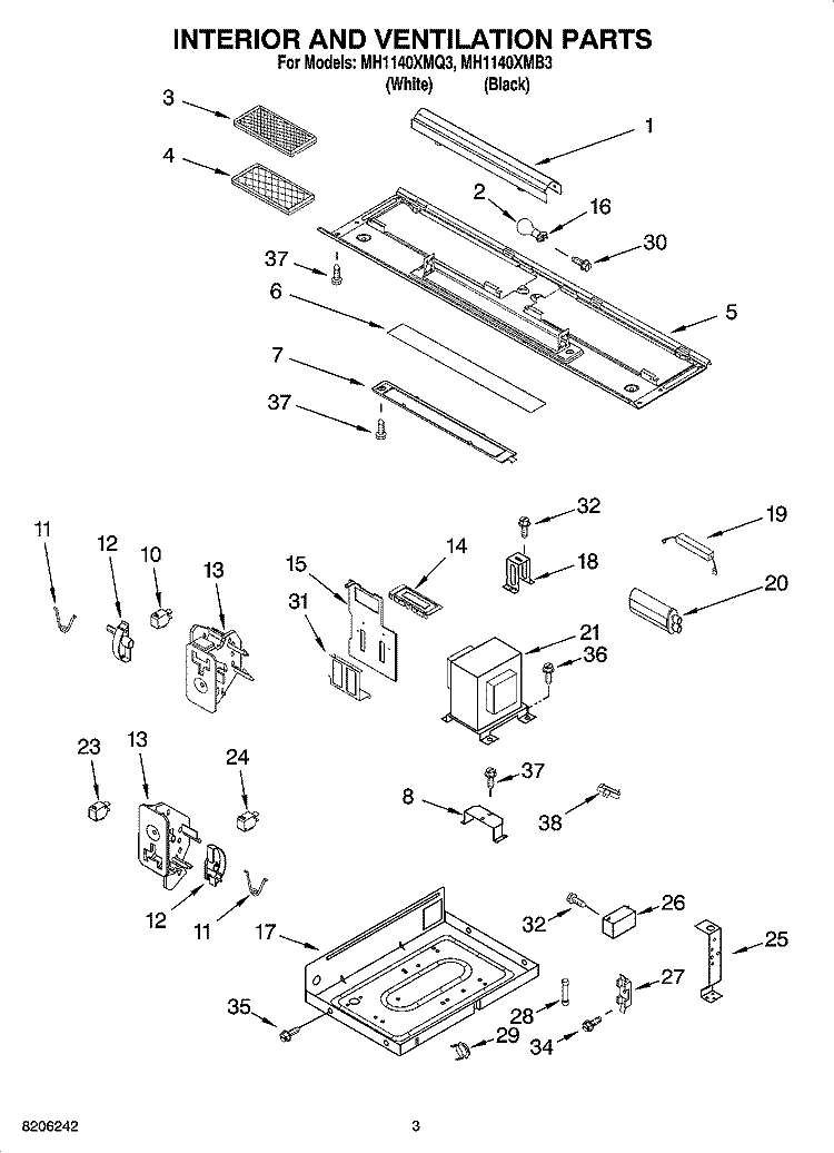INTERIOR AND VENTILATION PARTS Diagram and Parts List for MH1140XMB3  Whirlpool Microwave