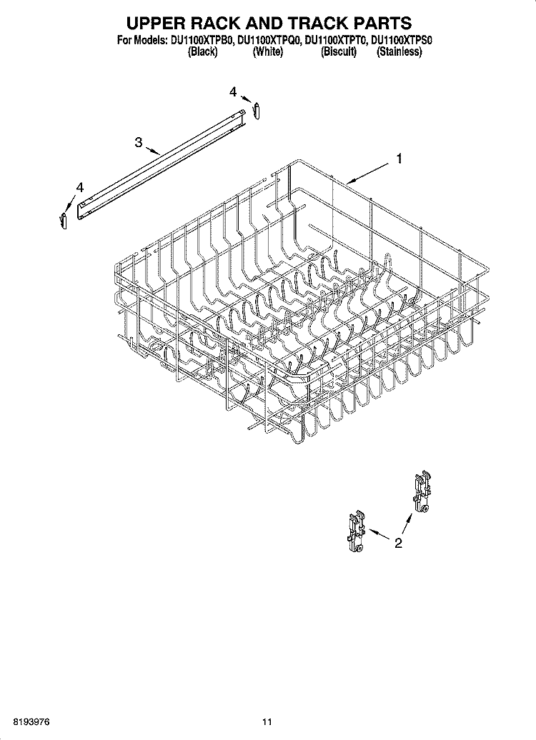 UPPER RACK AND TRACK PARTS Diagram and Parts List for DU1100XTPB0  Whirlpool Dishwasher