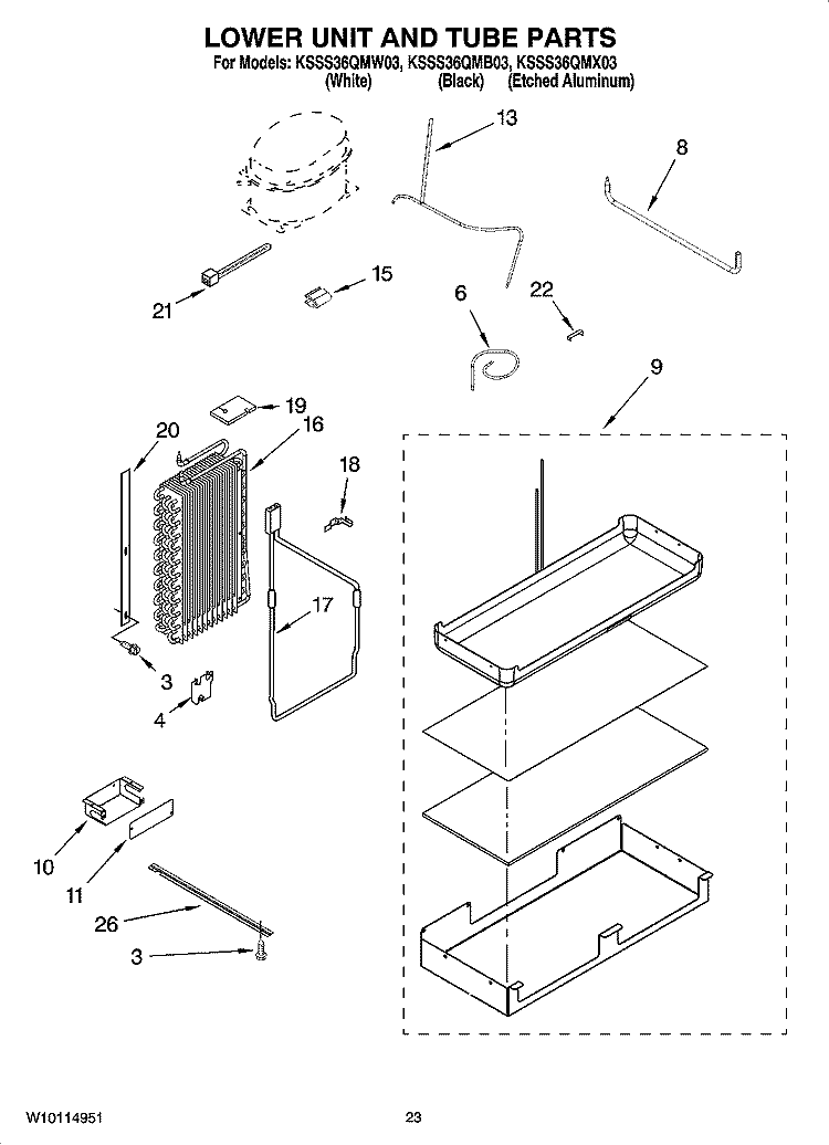 LOWER UNIT AND TUBE PARTS Diagram and Parts List for KSSS36QMB03  KitchenAid Refrigerator