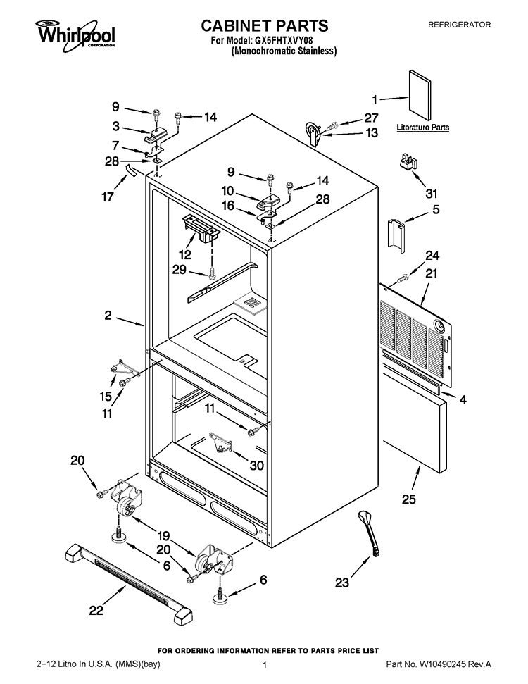 CABINET PARTS Diagram and Parts List for GX5FHTXVY08  Whirlpool Refrigerator