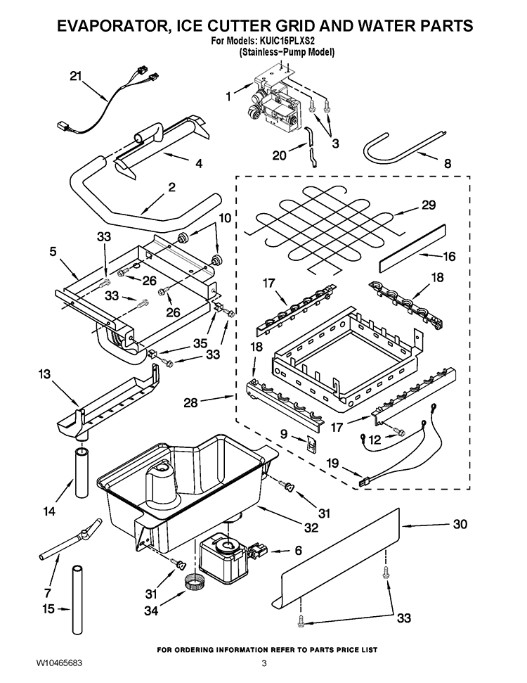 EVAPORATOR, ICE CUTTER GRID AND WATER PARTS Diagram and Parts List for KUIC15PLXS2  KitchenAid Ice Maker