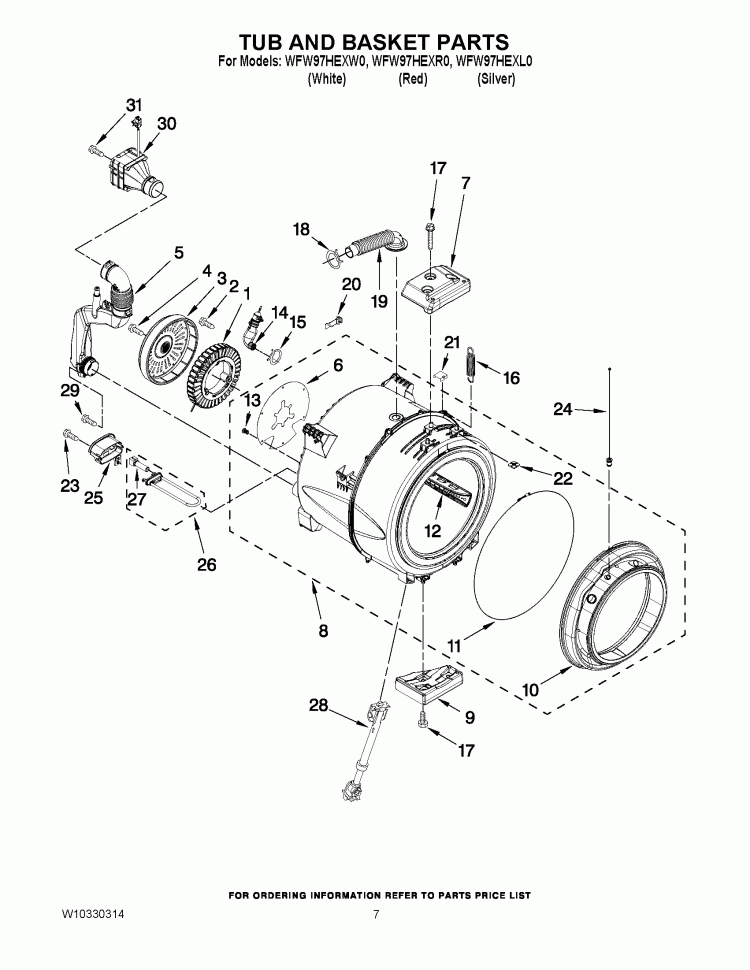 TUB AND BASKET PARTS Diagram and Parts List for WFW97HEXL0  Whirlpool Washer