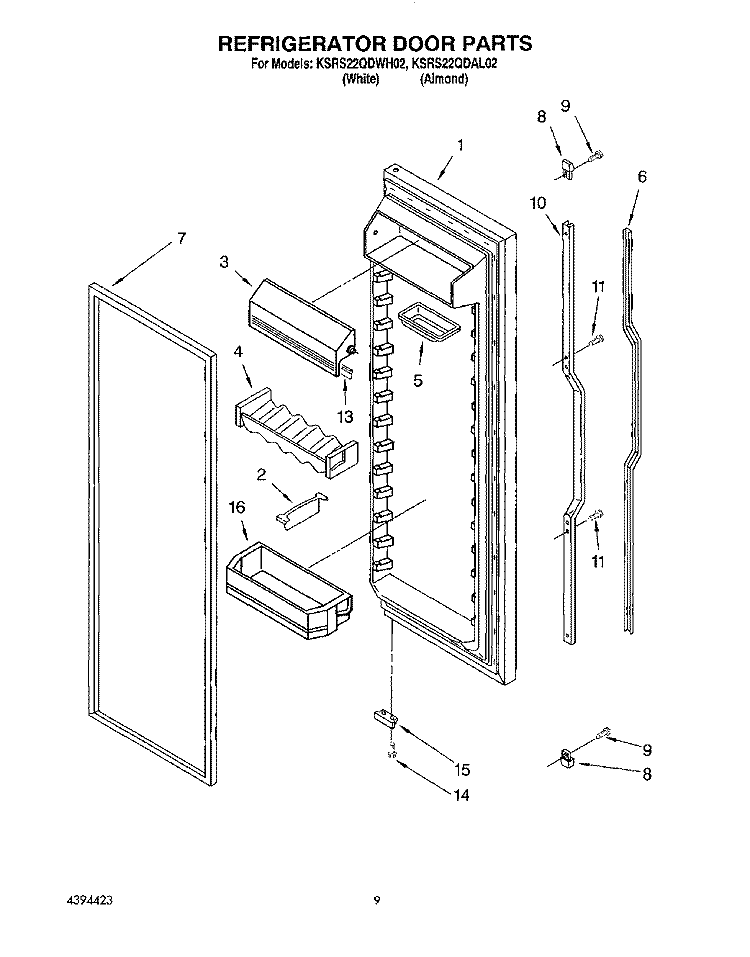 REFRIGERATOR DOOR Diagram and Parts List for KSRS22QDWH02  KitchenAid Refrigerator