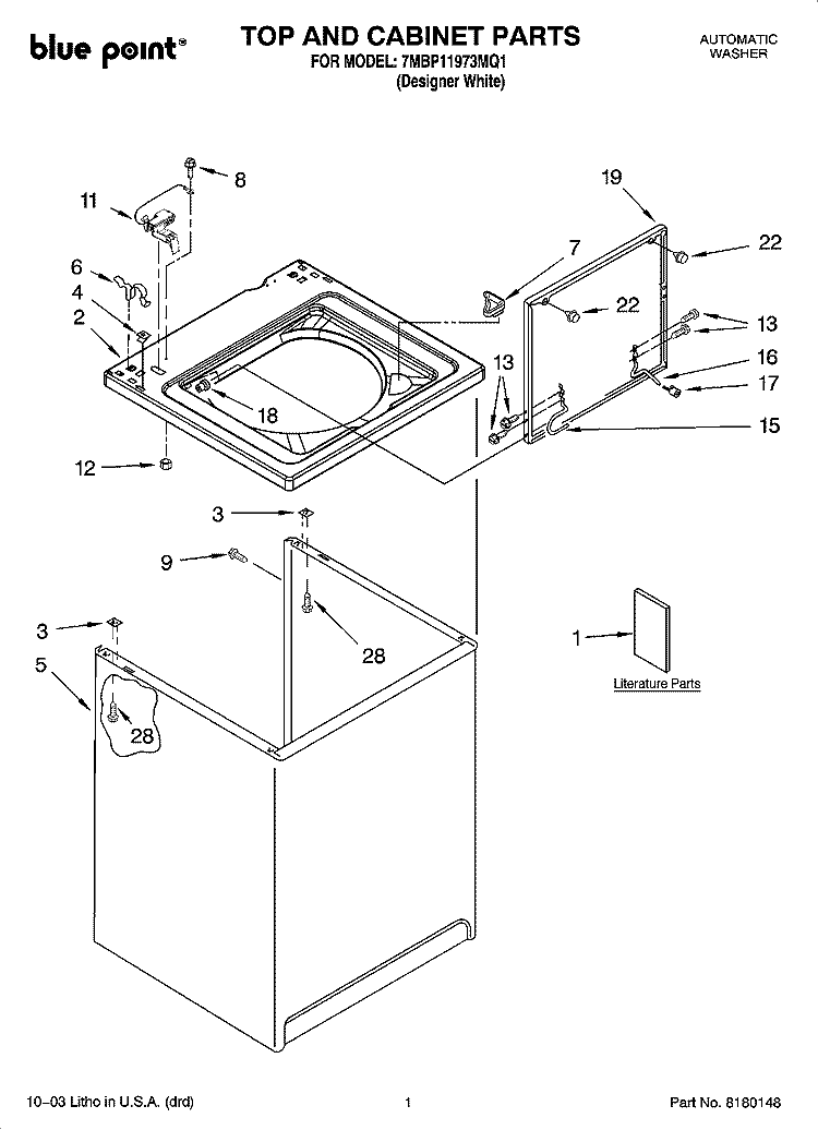 TOP AND CABINET PARTS Diagram and Parts List for 7MBP11973MQ1  Whirlpool Washer
