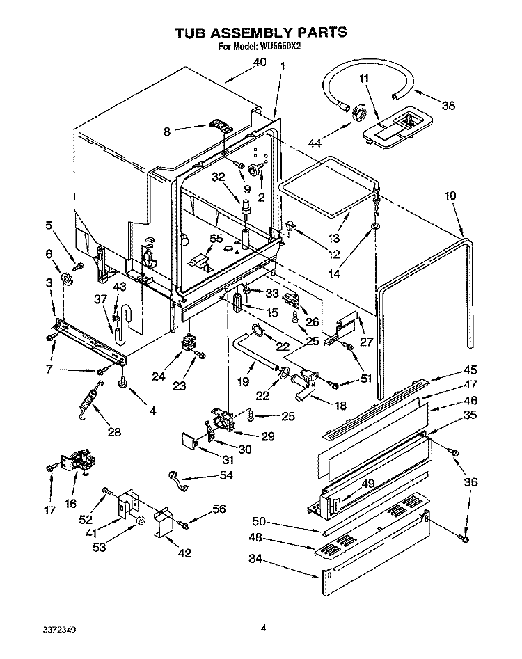 TUB, LIT/OPTIONAL Diagram and Parts List for WU5650X2  Roper Dishwasher