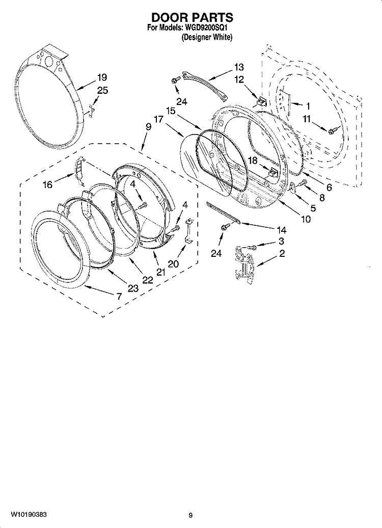 DOOR PARTS, OPTIONAL PARTS (NOT INCLUDED) Diagram and Parts List for WGD9200SQ1  Whirlpool Dryer