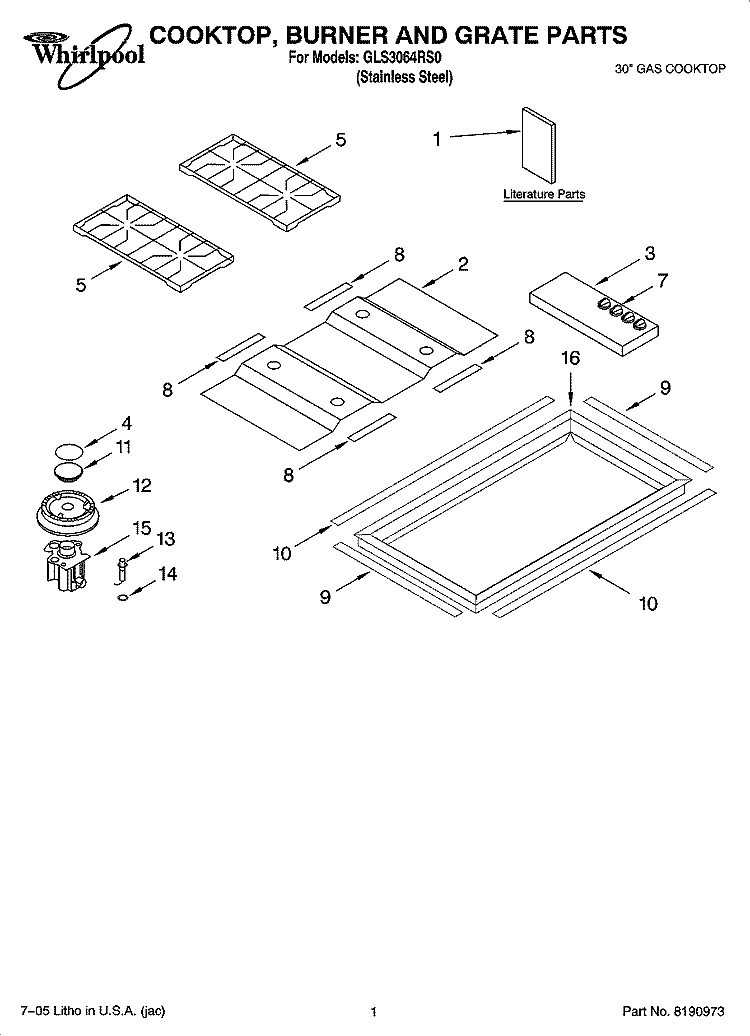 COOKTOP, BURNER AND GRATE PARTS Diagram and Parts List for GLS3064RS0  Whirlpool Cooktop