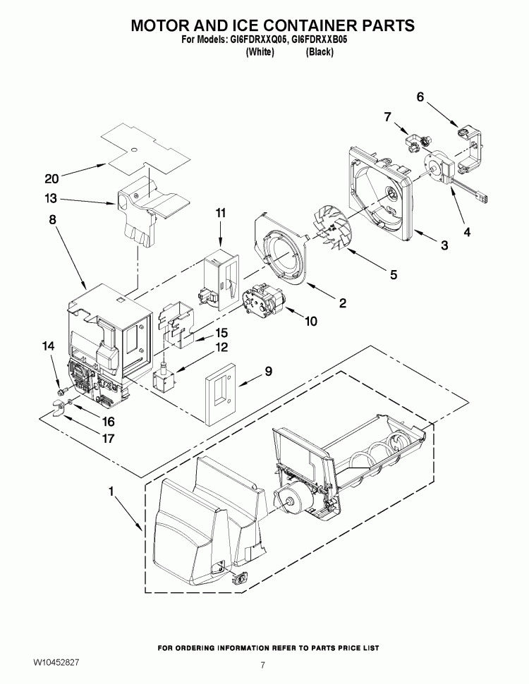 MOTOR AND ICE CONTAINER PARTS Diagram and Parts List for GI6FDRXXB05  Whirlpool Refrigerator