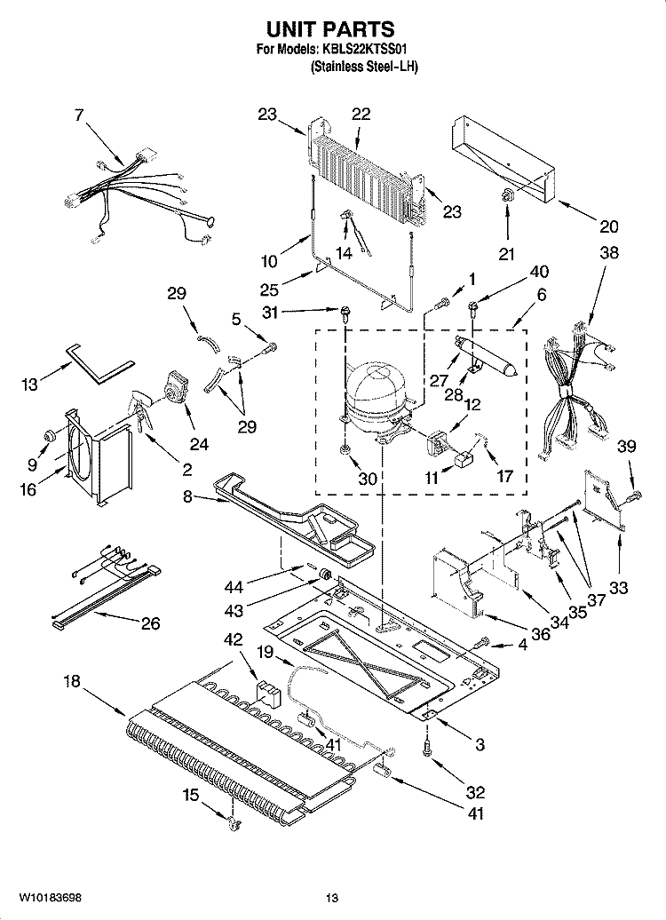 UNIT PARTS, OPTIONAL PARTS (NOT INCLUDED) Diagram and Parts List for KBLS22KTSS01  KitchenAid Refrigerator