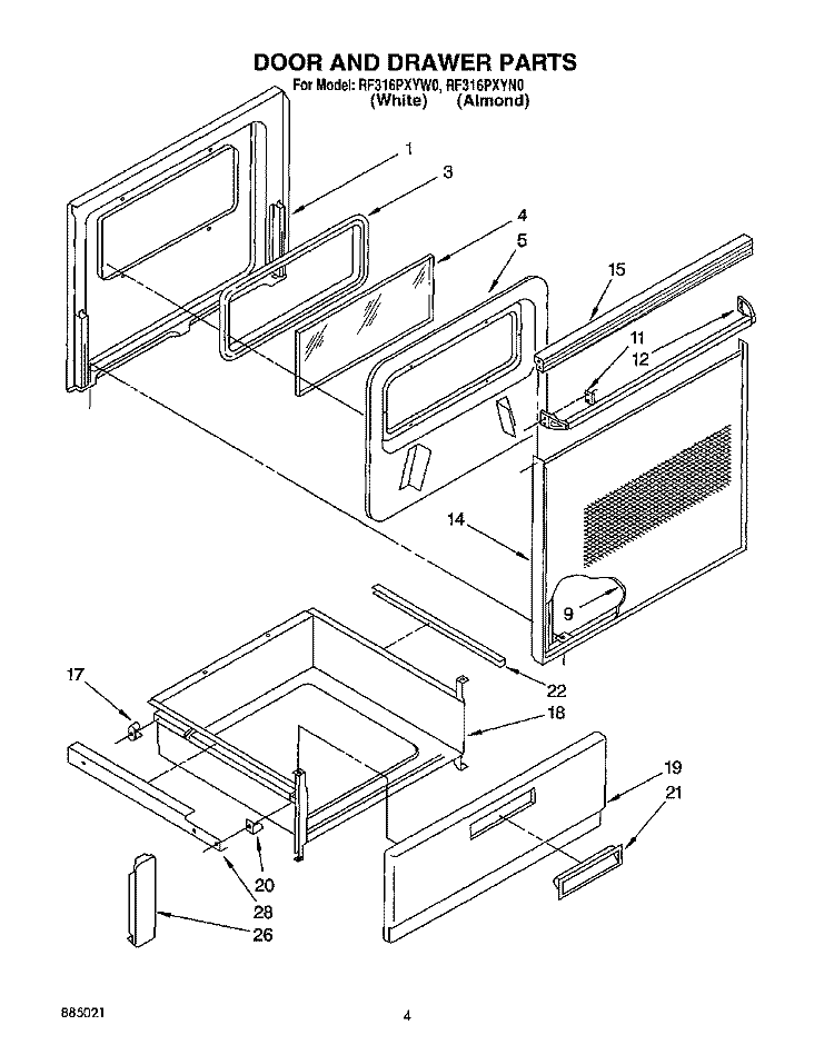 DOOR AND DRAWER Diagram and Parts List for RF316PXYW0  Whirlpool Range