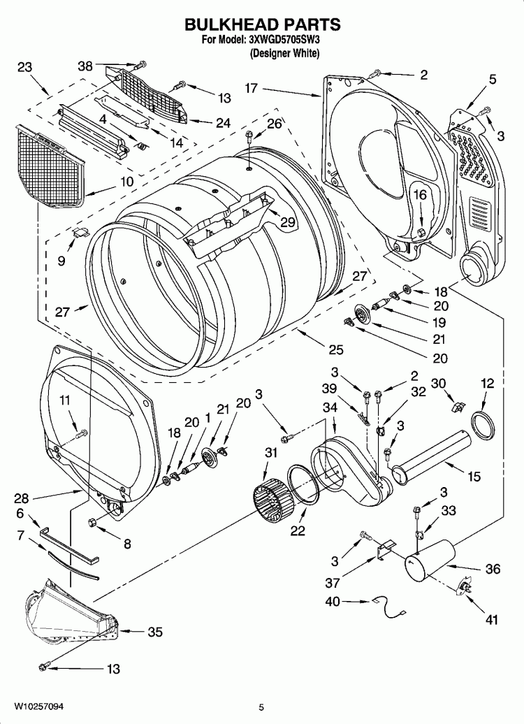 BULKHEAD PARTS Diagram and Parts List for 3XWGD5705SW3  Whirlpool Dryer