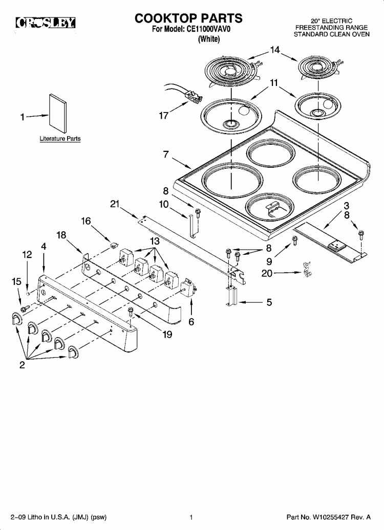COOKTOP PARTS Diagram and Parts List for CE11000VAV0  Crosley Range