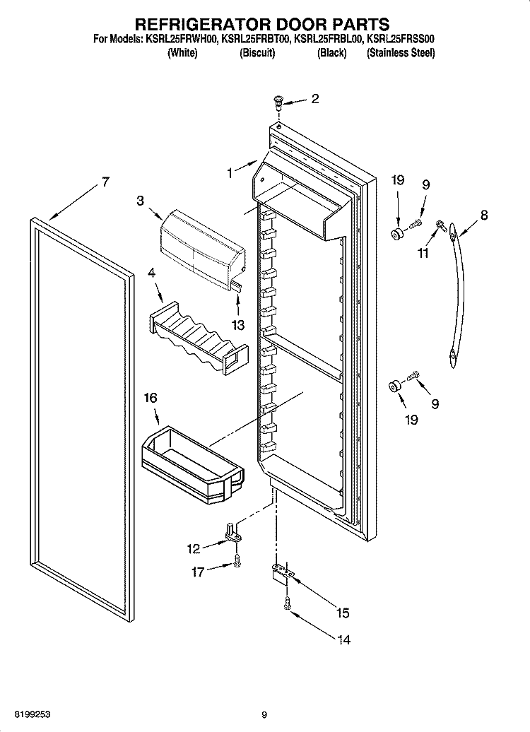 REFRIGERATOR DOOR PARTS Diagram and Parts List for KSRL25FRBT00  KitchenAid Refrigerator