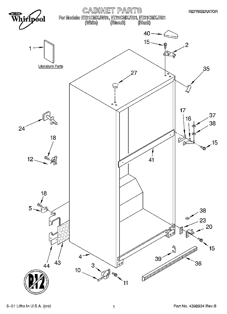 CABINET, LITERATURE Diagram and Parts List for ET21CMXJB01  Whirlpool Refrigerator