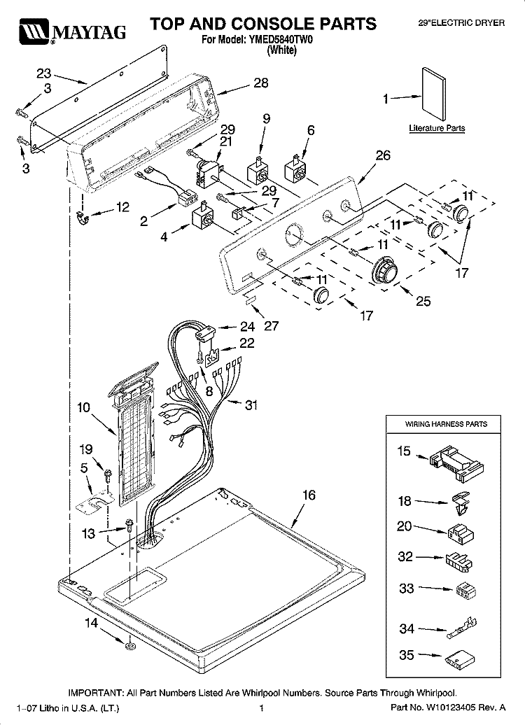 TOP AND CONSOLE PARTS Diagram and Parts List for YMED5840TW0  Maytag Dryer
