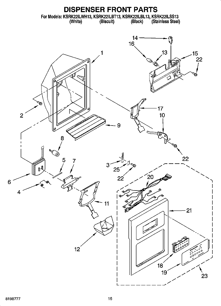 DISPENSER FRONT PARTS Diagram and Parts List for KSRK22ILBL13  KitchenAid Refrigerator