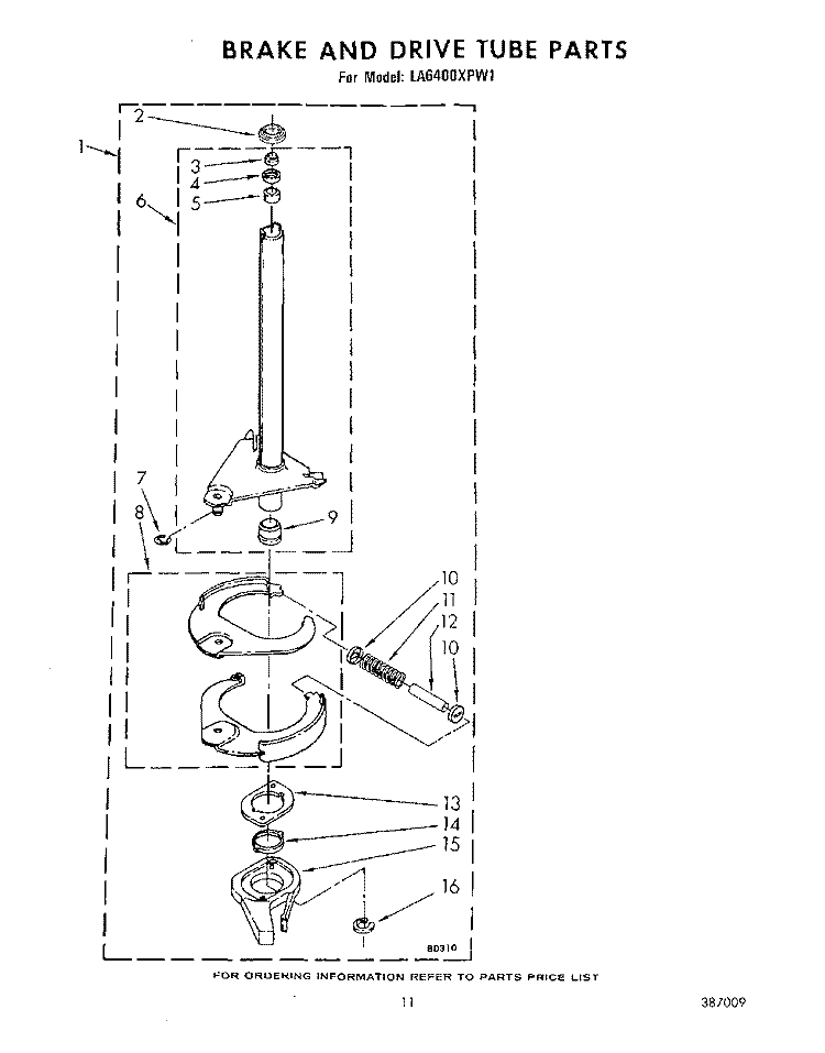 BRAKE AND DRIVE TUBE Diagram and Parts List for LA6400XPW1  Whirlpool Washer