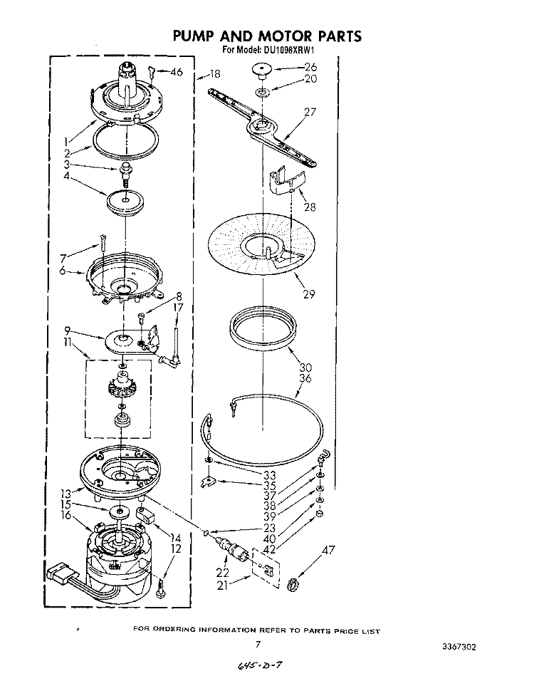 PUMP AND MOTOR Diagram and Parts List for DU1098XRW1  Whirlpool Dishwasher